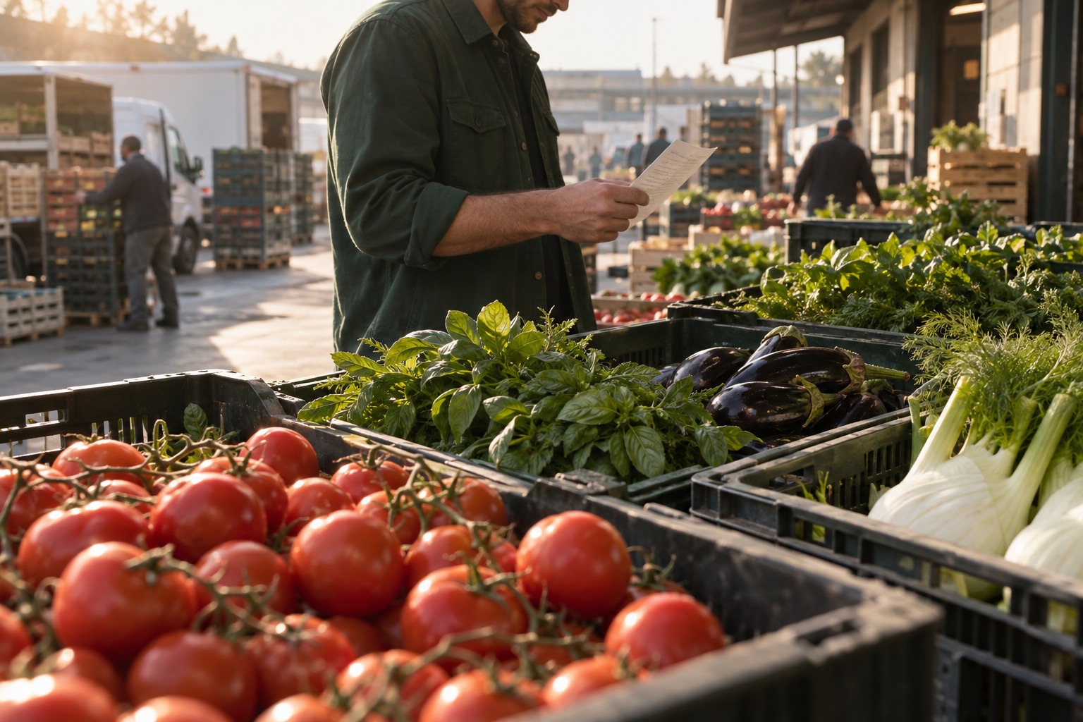 Illustrative Großmarkt-Szene: Ein Mitarbeiter prüft seine Liste zwischen frischen Tomaten und Kräutern.